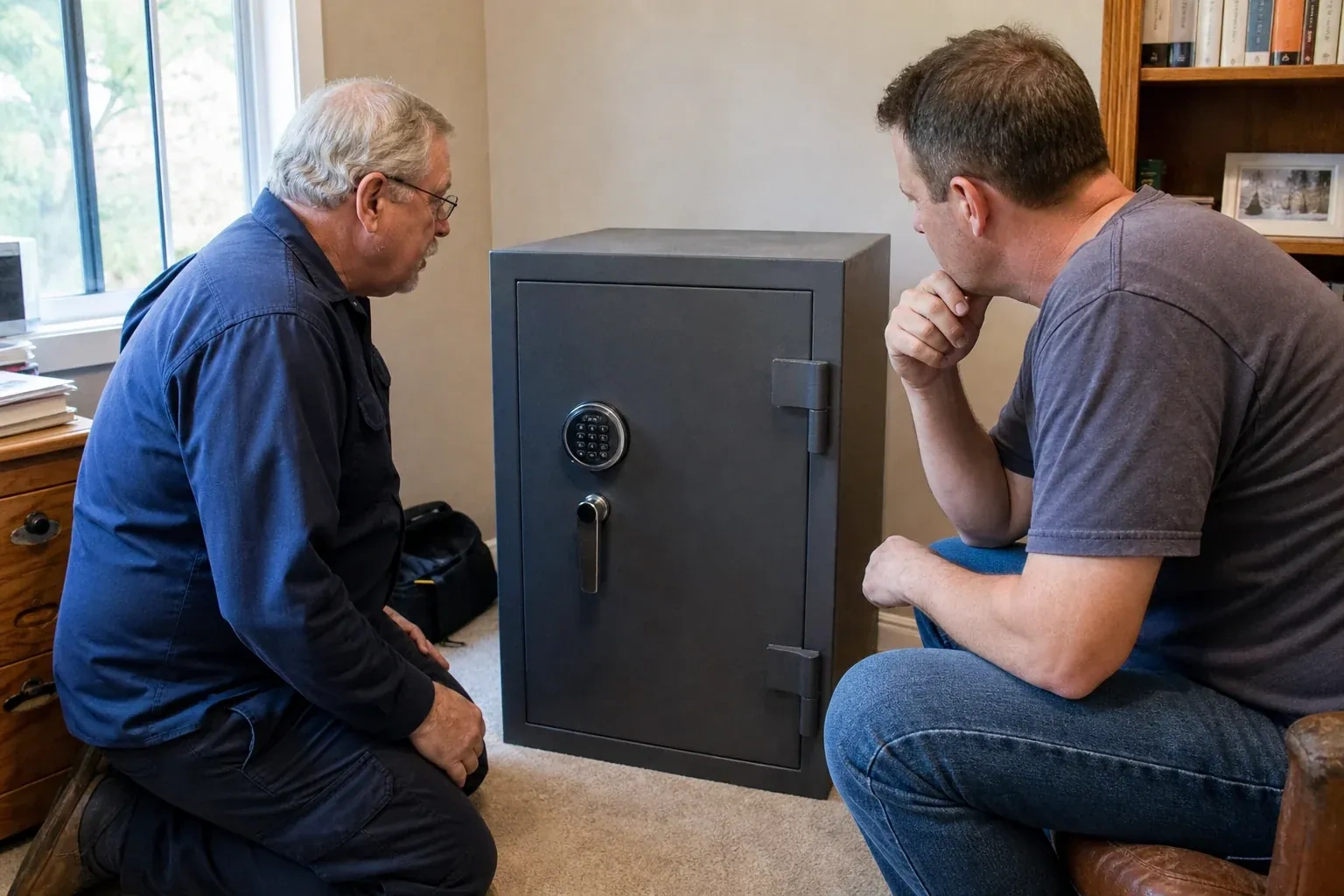 Two adults discussing a closed keypad safe in a home study. — Safe Opening & Combination Change, Markham