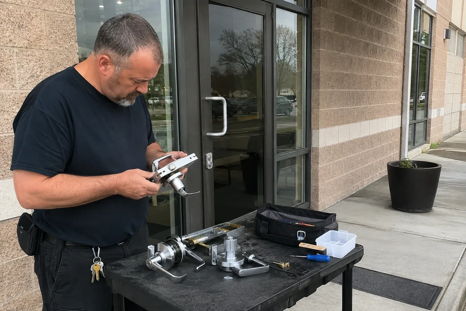 Person holding a door-handle and latch assembly at a worktable outside a glass entrance, with additional handles and tools laid out. — Commercial Rekeying, Markham