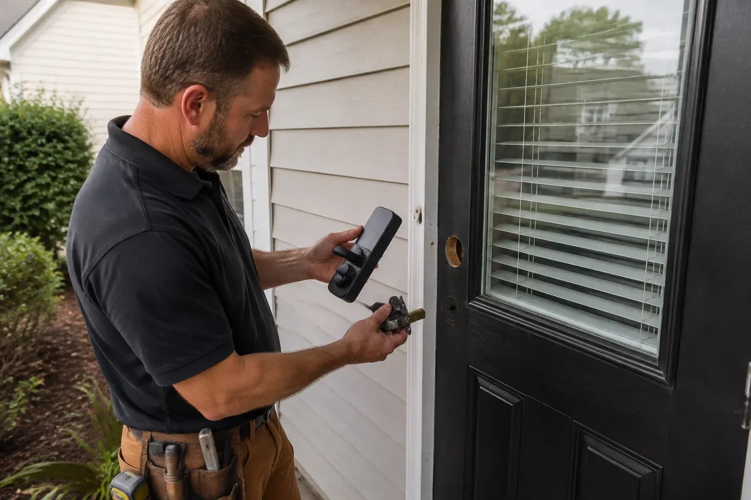 Person holding a black door-handle assembly and a latch beside a glazed door with exposed lock openings. — Smart Lock Installation, Markham
