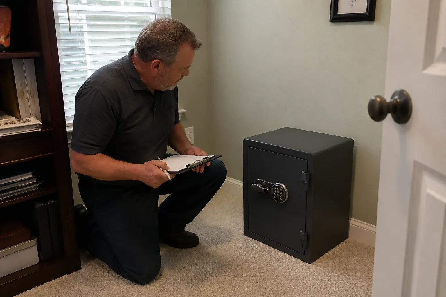 Person holding a clipboard beside a closed black safe with a circular keypad in a carpeted room. — Safe Installation & Servicing, Markham