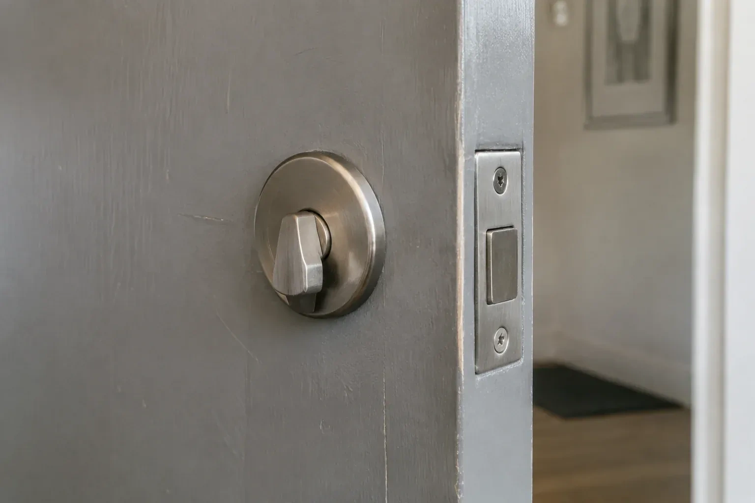 Close view of a satin-nickel deadbolt thumbturn and edge faceplate on a painted timber door. — Deadbolt Installation, Markham