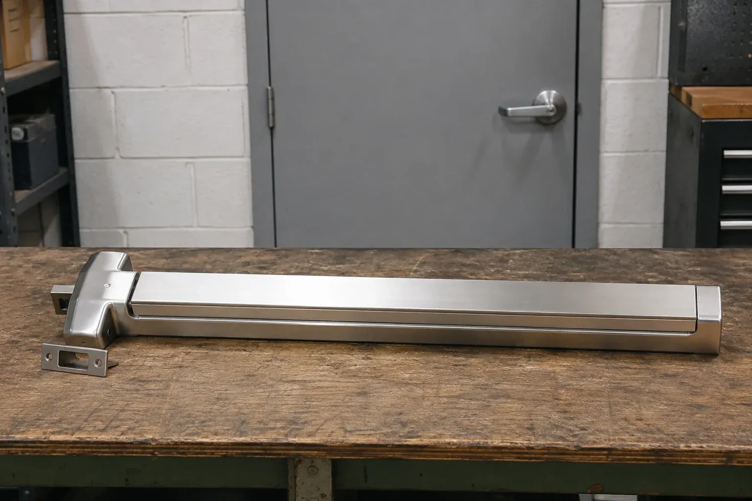 Detached horizontal exit device and separate strike component on a workshop bench. — Panic & Exit Hardware, Markham