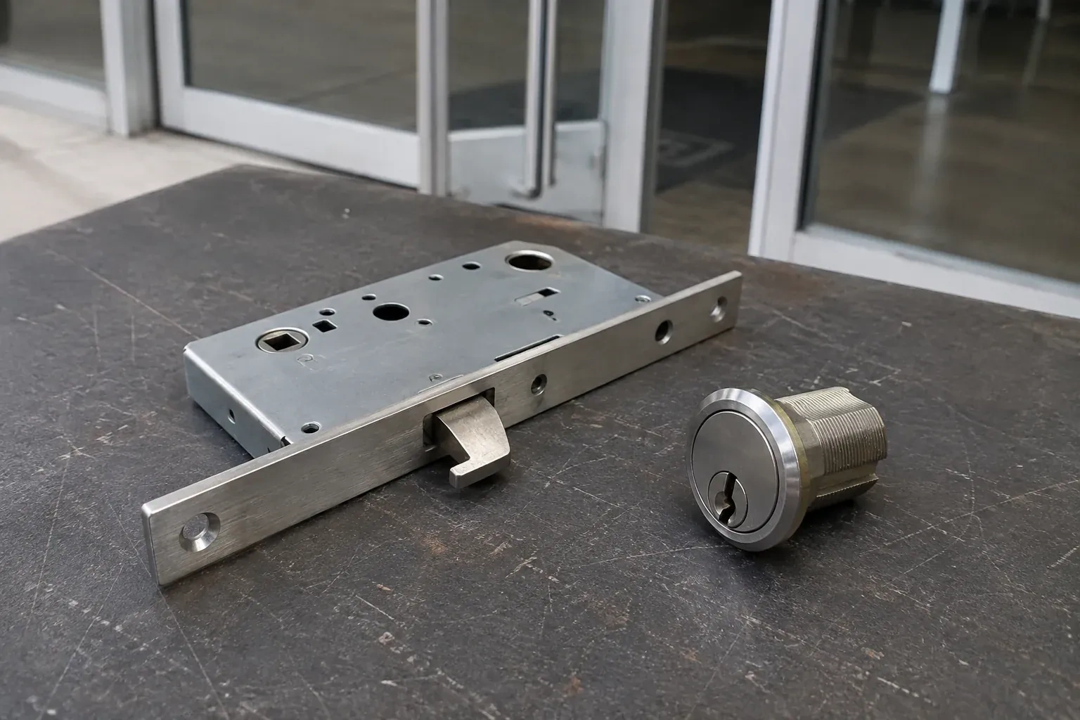 Detached mortise lock body with a projecting hook-shaped bolt beside a threaded cylinder. — Commercial-Grade Lock Replacement, Markham