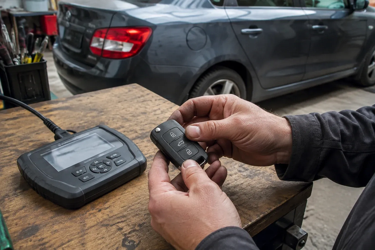 Hands holding a black car key fob above a workbench, beside a wired handheld device with a screen. — Car Key Replacement, Markham