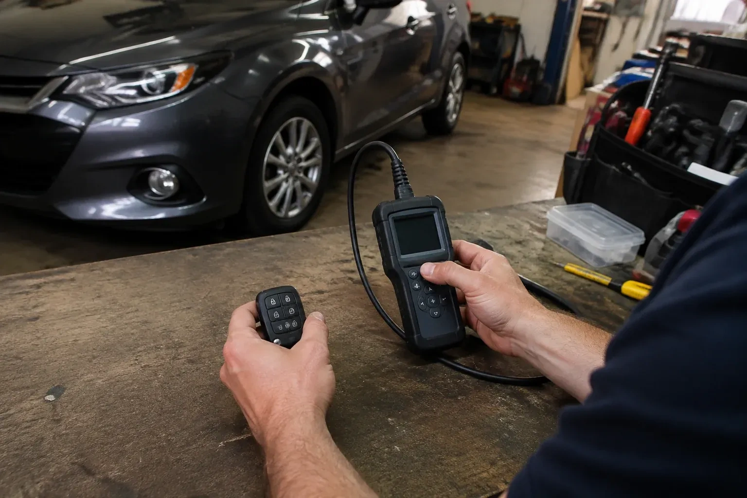 Hands holding a car-key fob and a small wired electronic device above a workbench in a garage with a parked car. — Key Fob Programming, Markham
