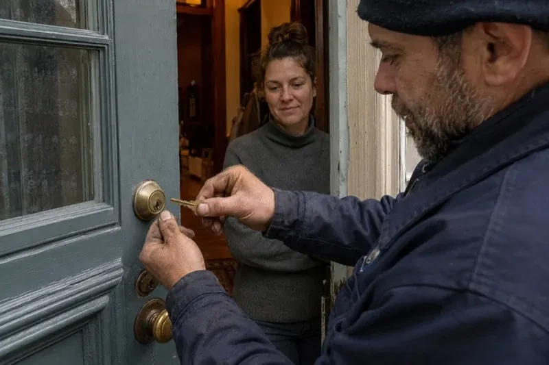 Person holding a key beside a brass-colored deadbolt on an open painted door while another person watches from inside. — Home Lockout Service, Markham