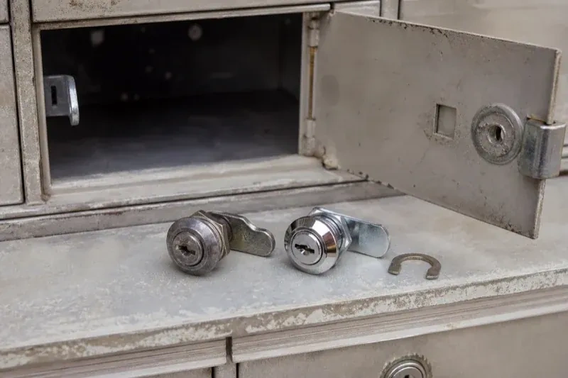 Two loose cam locks and a retaining clip resting below an open metal mailbox compartment. — Mailbox Lock Replacement, Markham