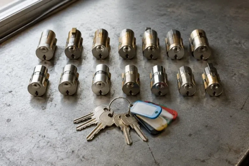 Two rows of lock cylinders on a metal surface with keys and colored key tags in front. — Master Key System Design, Markham