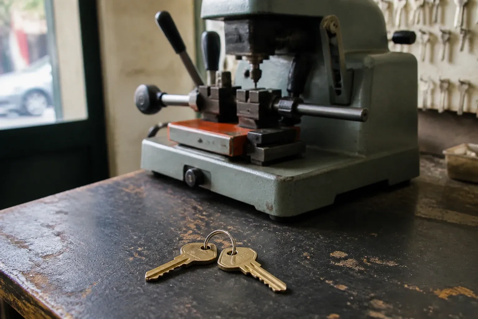 Two brass house keys on a ring resting on a workshop counter. — Spare Car Key Duplication, Markham