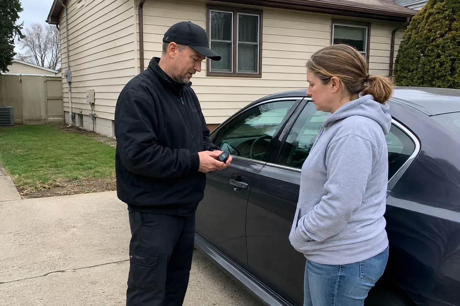 Two people standing beside a parked sedan, one wearing a cap and holding a small black device. — Vehicle Lock Repair, Markham