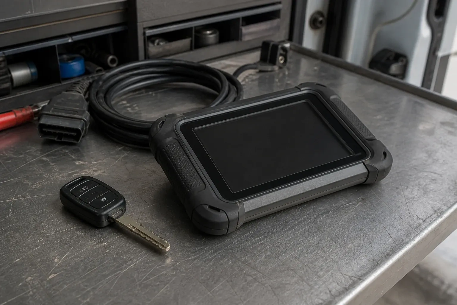 Vehicle key beside a dark diagnostic tablet and coiled connector cable on a workbench. — Transponder Key Programming, Markham